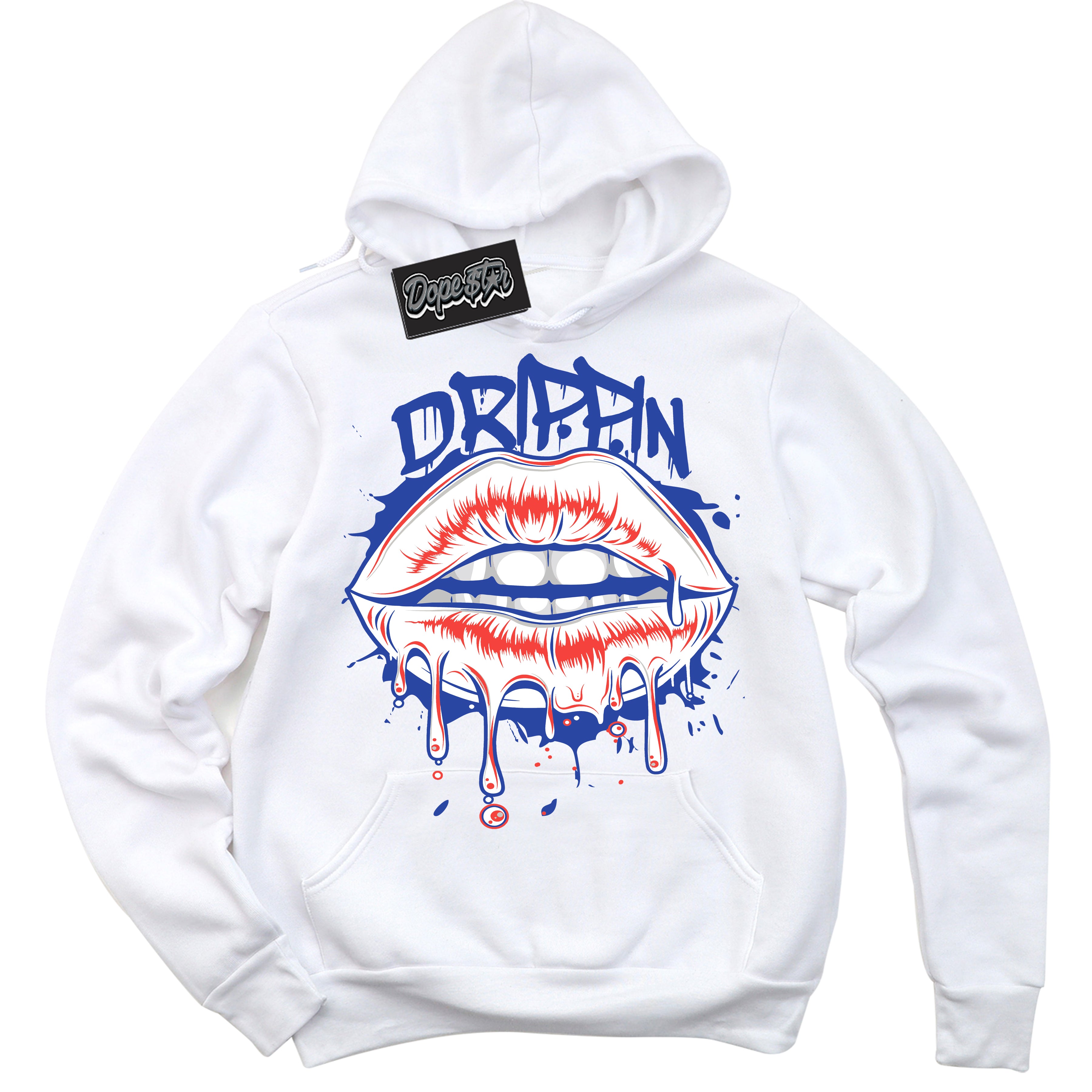 Cool White Hoodie with “ Drippin '' design that Perfectly Matches  Ultramarine 180s Sneakers.