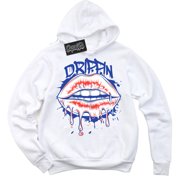 Cool White Hoodie with “ Drippin '' design that Perfectly Matches  Ultramarine 180s Sneakers.