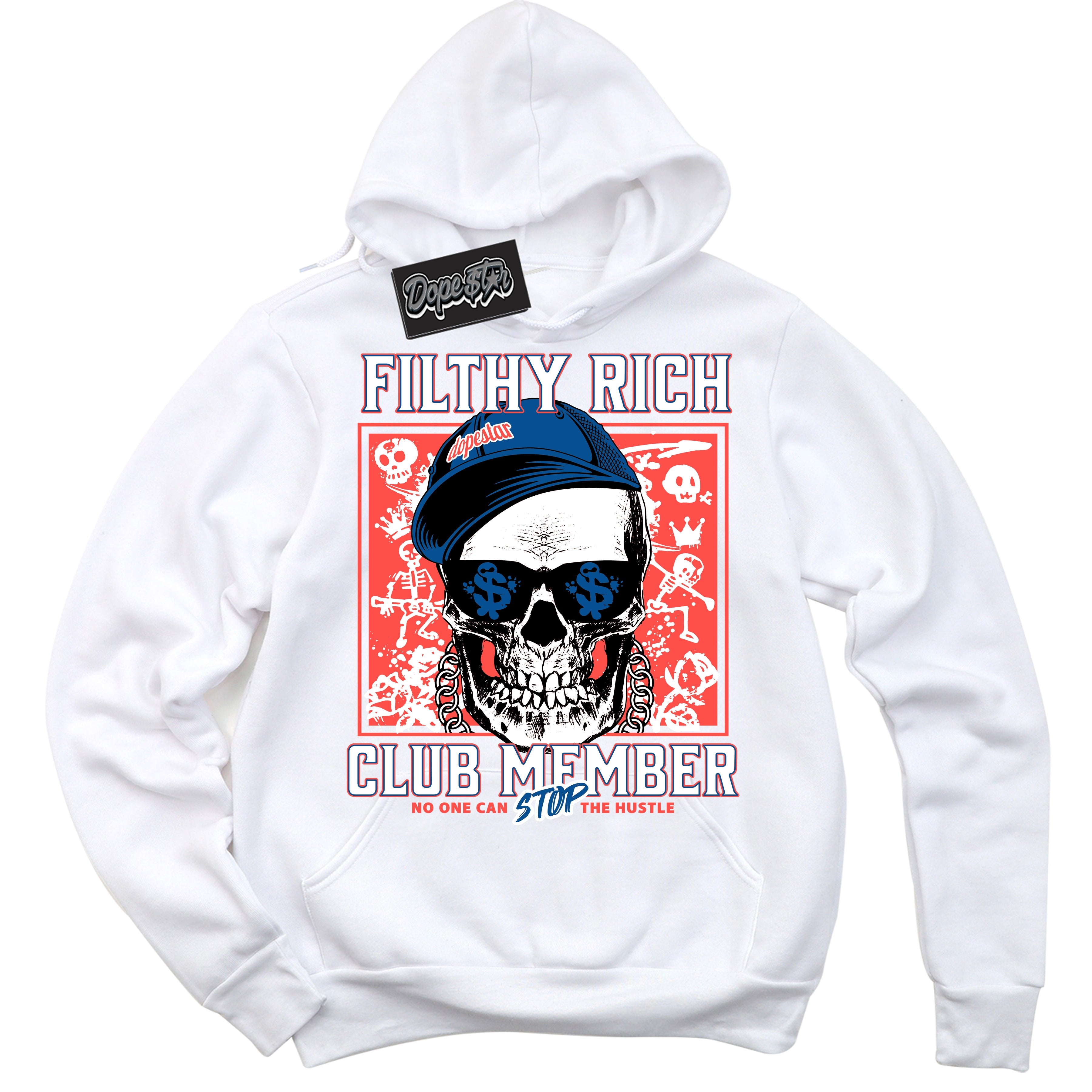Cool White Hoodie with “ Filthy Rich ”  design that Perfectly Matches Ultramarine 180s Sneakers.