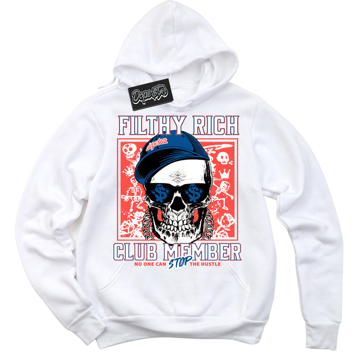 Cool White Hoodie with “ Filthy Rich ”  design that Perfectly Matches Ultramarine 180s Sneakers.