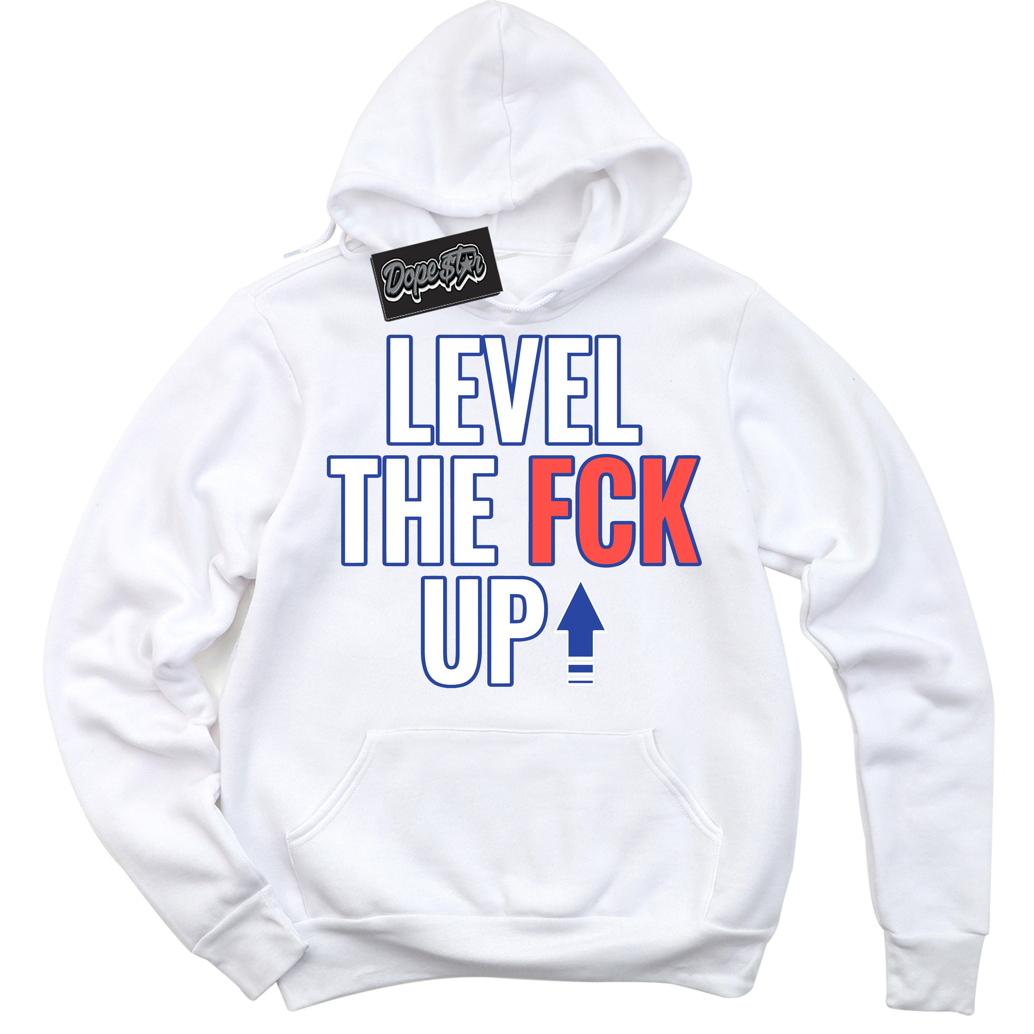 Cool White Hoodie with “ Level The Fck Up '' design that Perfectly Matches  Ultramarine 180s Sneakers.