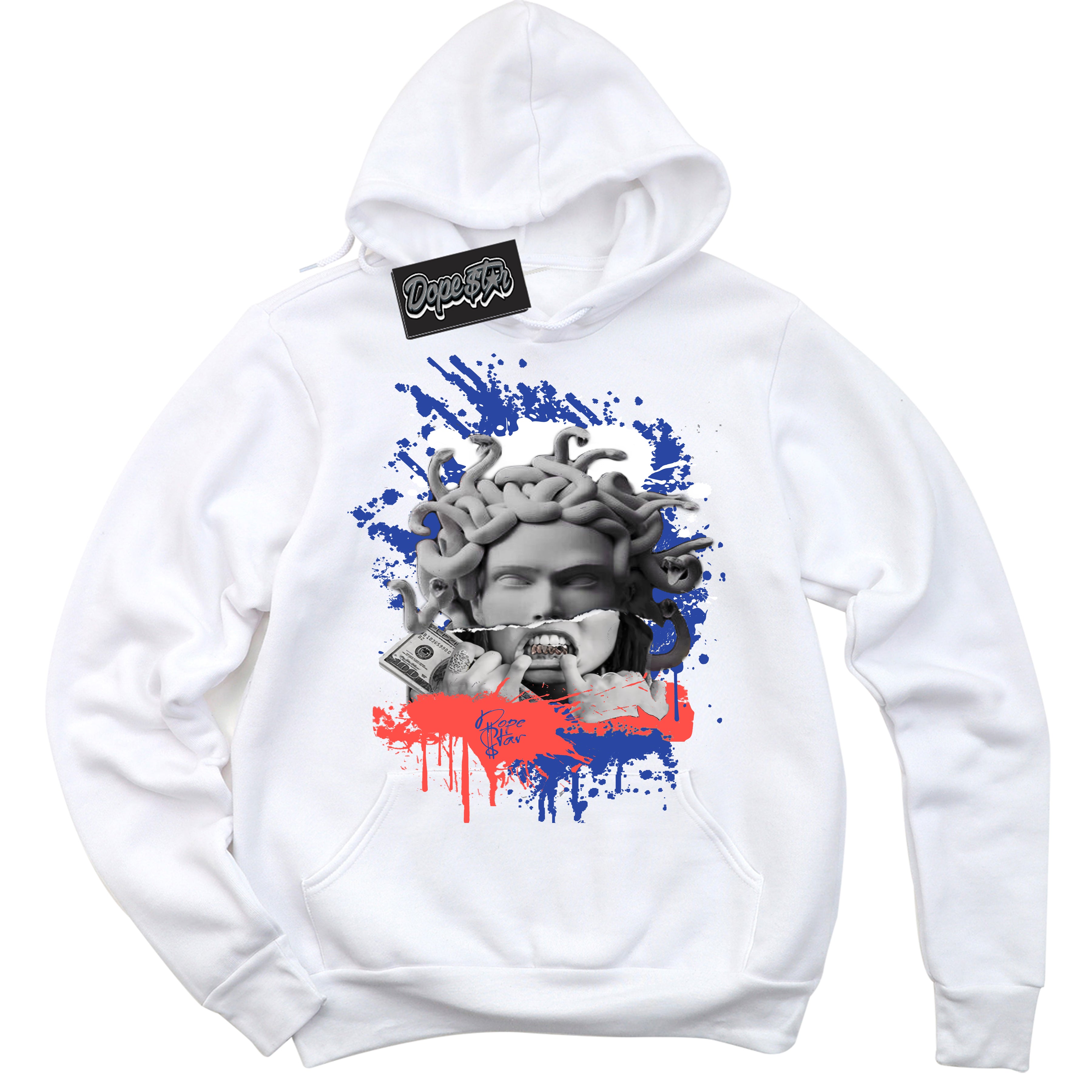 Cool White Hoodie with “ Medusa '' design that Perfectly Matches  Ultramarine 180s Sneakers.