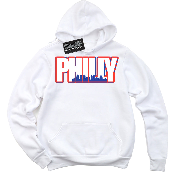 Cool White Hoodie with “ Philly '' design that Perfectly Matches  Ultramarine 180s Sneakers.