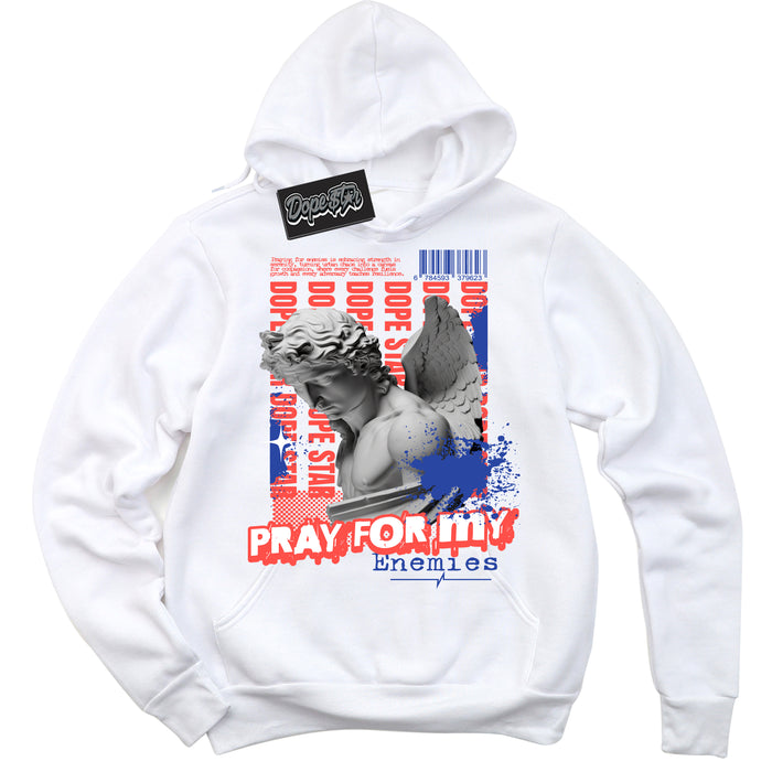 Cool White Hoodie with “ Pray Enemies ”  design that Perfectly Matches Ultramarine 180s Sneakers.