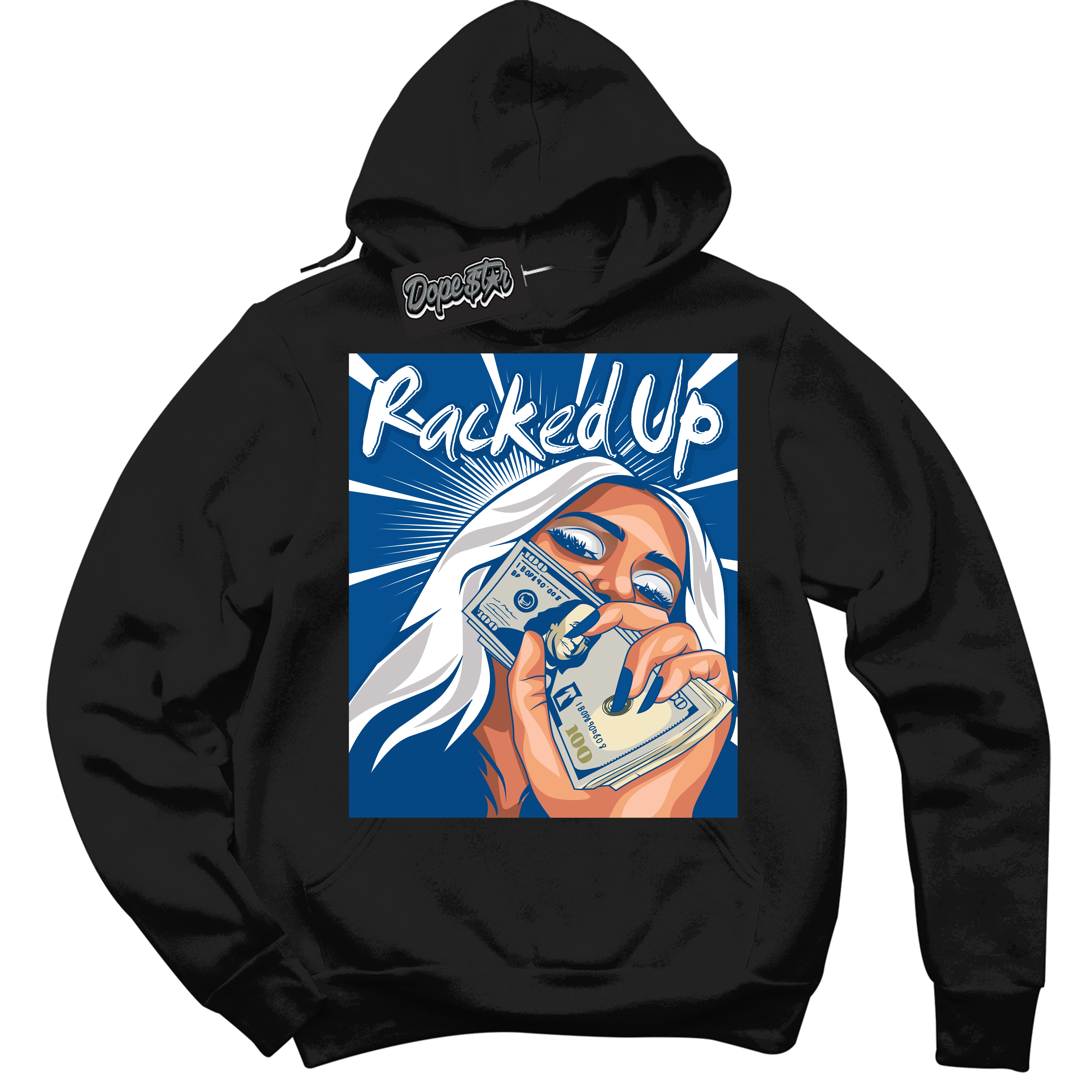 Cool Black Hoodie with “ Racked Up '' design that Perfectly Matches  Ultramarine 180s Sneakers.