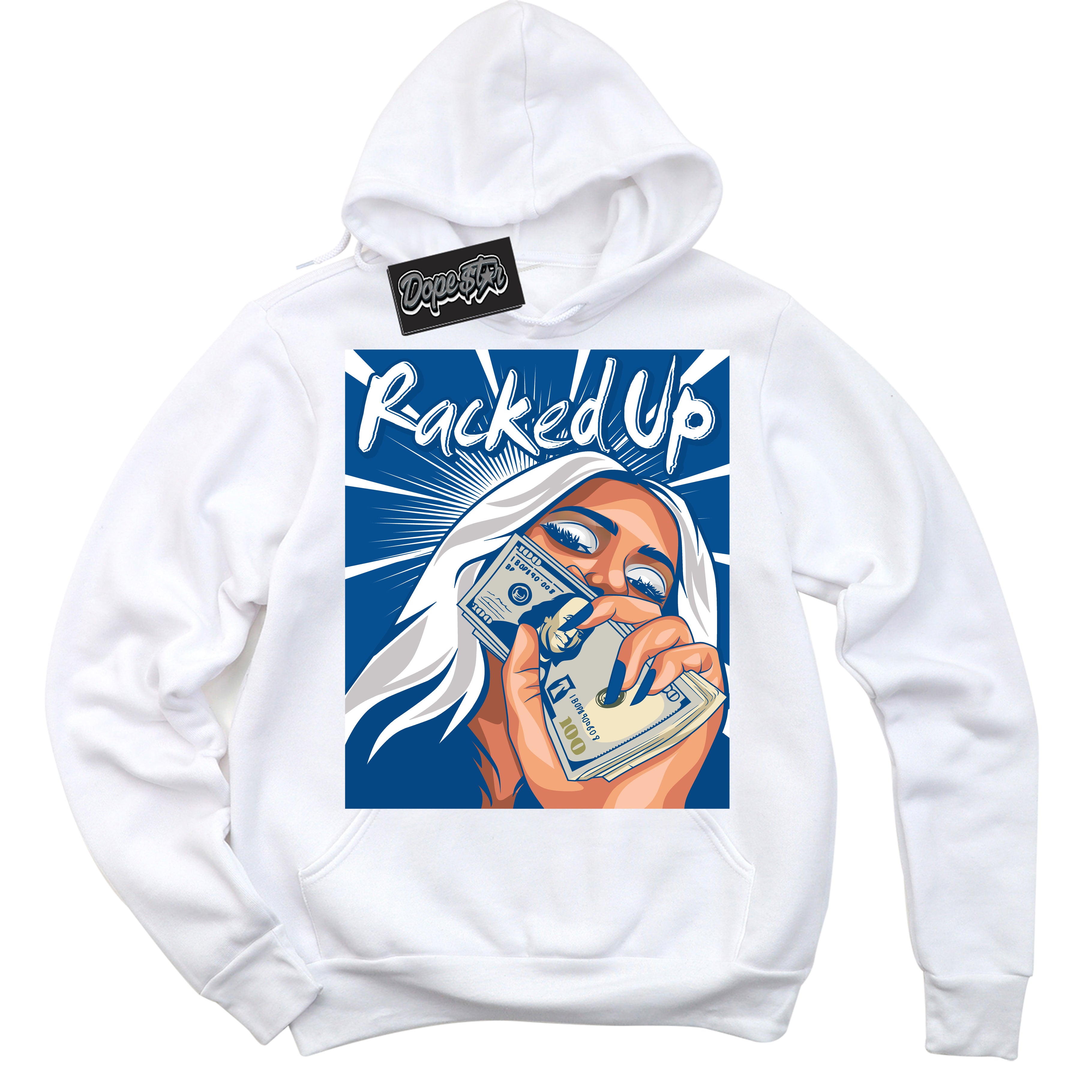 Cool White Hoodie with “ Racked Up '' design that Perfectly Matches  Ultramarine 180s Sneakers.