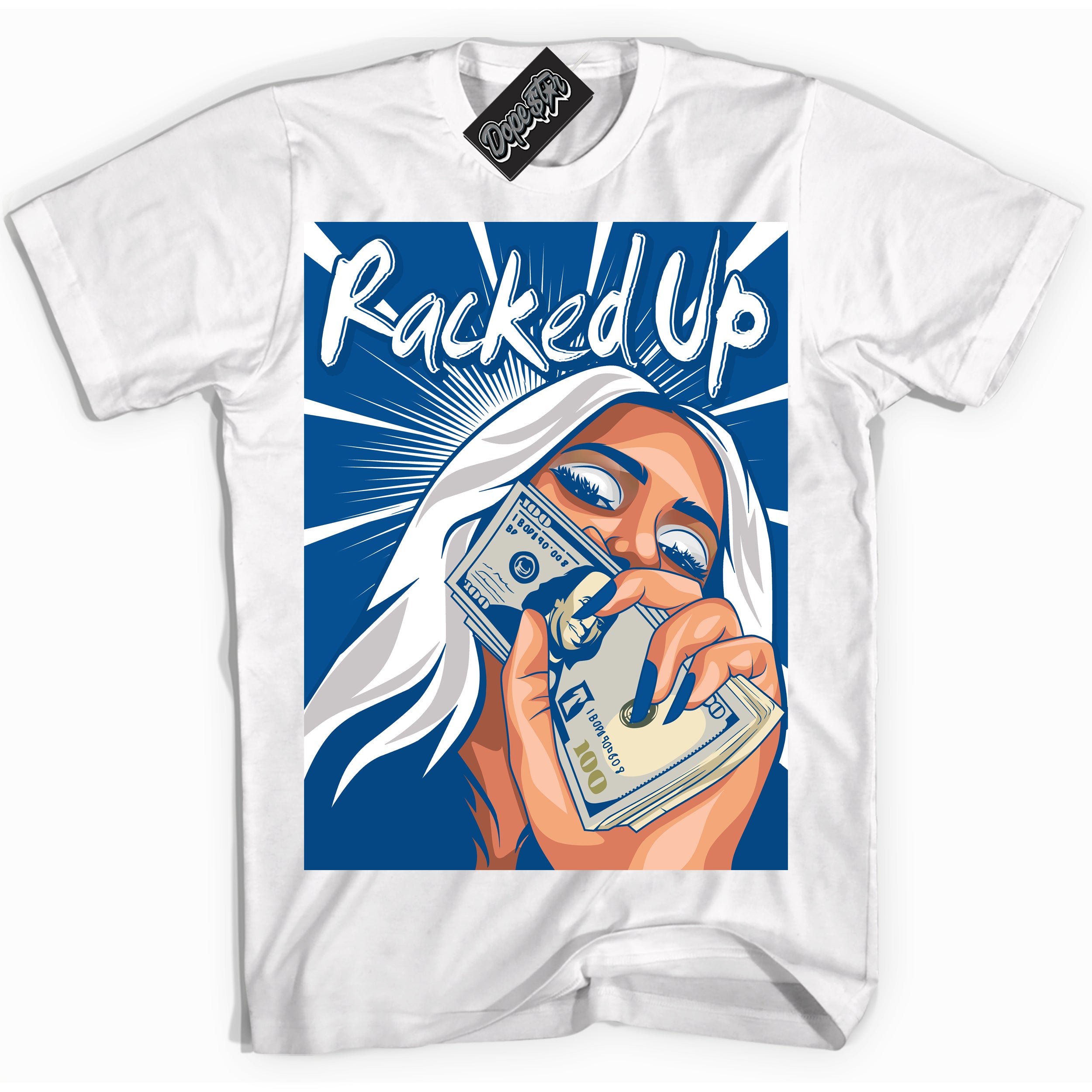 Cool White Shirt with “ Racked Up ” design that perfectly matches Ultramarine 180s Sneakers.