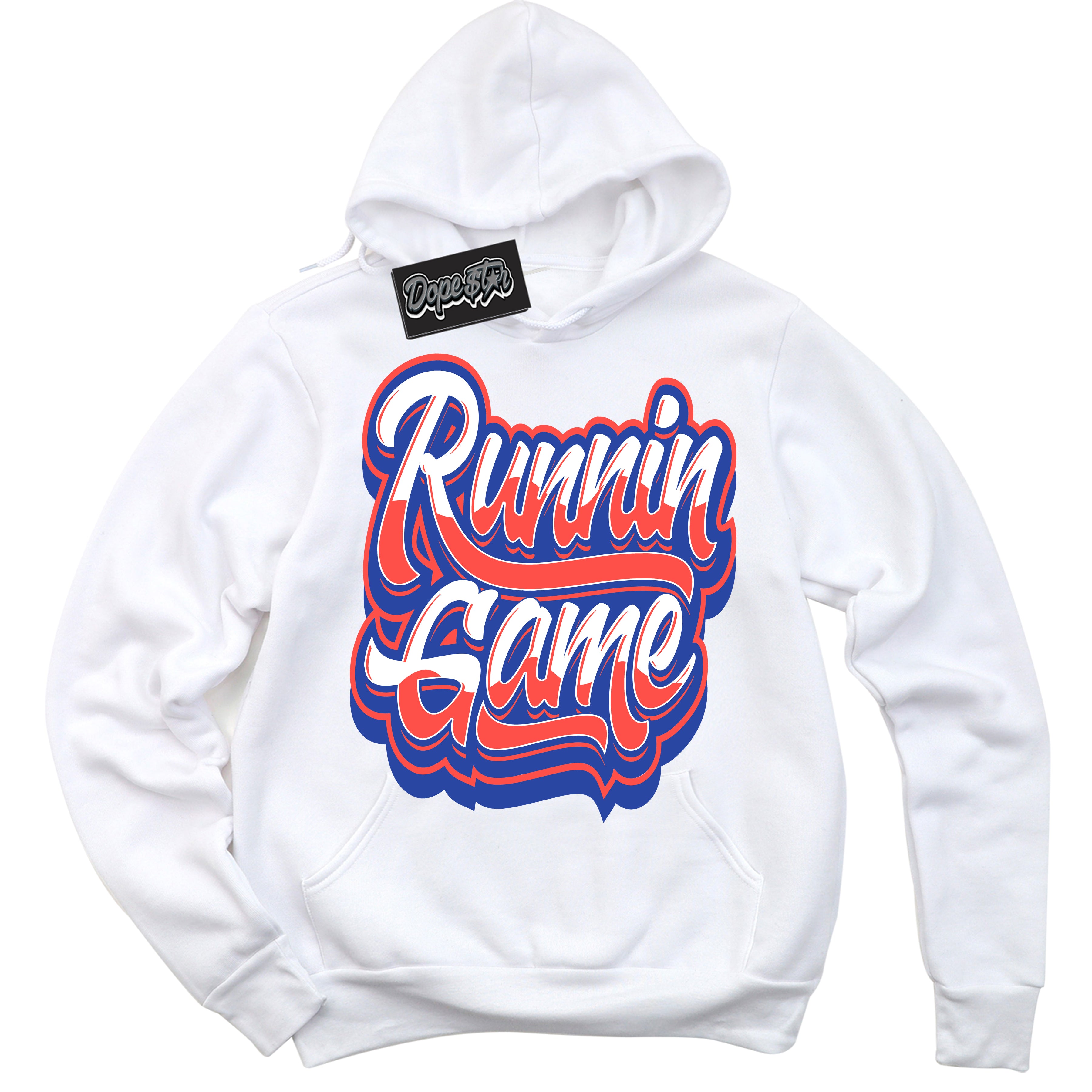 Cool White Hoodie with “ Running Game '' design that Perfectly Matches  Ultramarine 180s Sneakers.