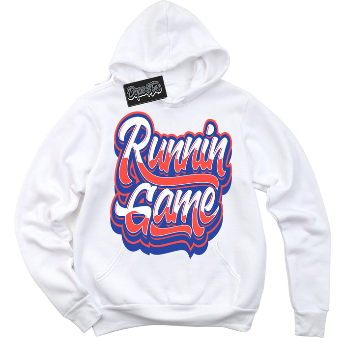 Cool White Hoodie with “ Running Game '' design that Perfectly Matches  Ultramarine 180s Sneakers.