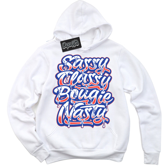 Cool White Hoodie with “ Sassy Classy '' design that Perfectly Matches  Ultramarine 180s Sneakers.