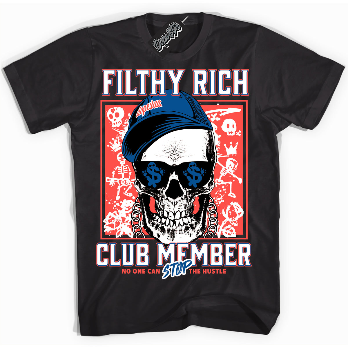Cool Black Shirt with “ Filthy Rich” design that perfectly matches Ultramarine 180s Sneakers.