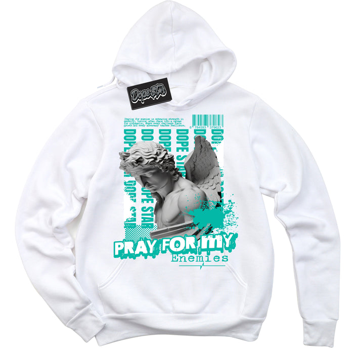 Cool White Hoodie with “ Pray Enemies ”  design that Perfectly Matches Clear Jade Sneakers.