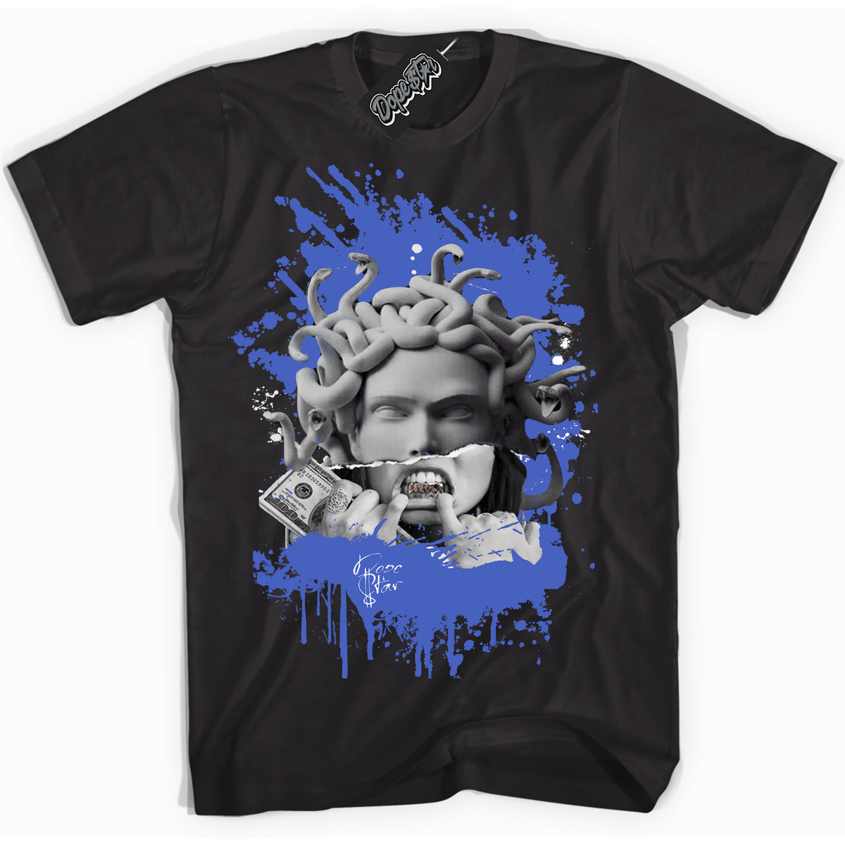Cool Black graphic tee with “ MEDUSA ” print, that perfectly matches Nike Dunk Disrupt 2 Hyper Royal sneakers 