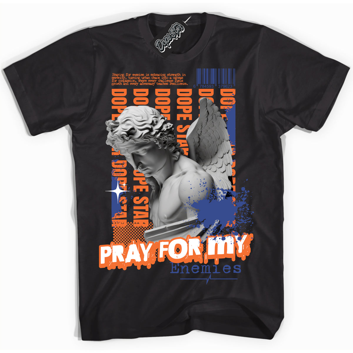 Cool Black Shirt with “ Pray Enemies” design that perfectly matches Knicks Sneakers.