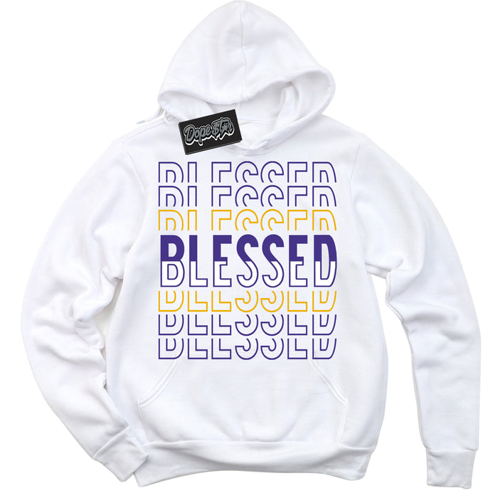 Cool White Hoodie with “Blessed Stacked” design that Perfectly Matches Kobe 8 Protro Lakers Home Sneakers.