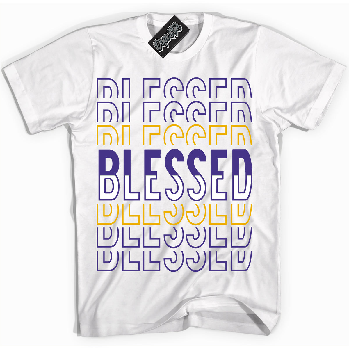 Cool White Shirt with “Blessed Stacked” design that perfectly matches the Kobe 8 Protro Lakers Home Sneakers.