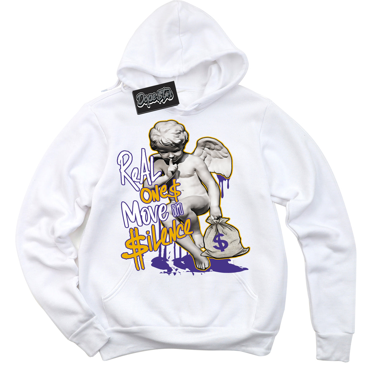 Cool White Hoodie with “Real Ones Cherub” design that Perfectly Matches Kobe 8 Protro Lakers Home Sneakers.