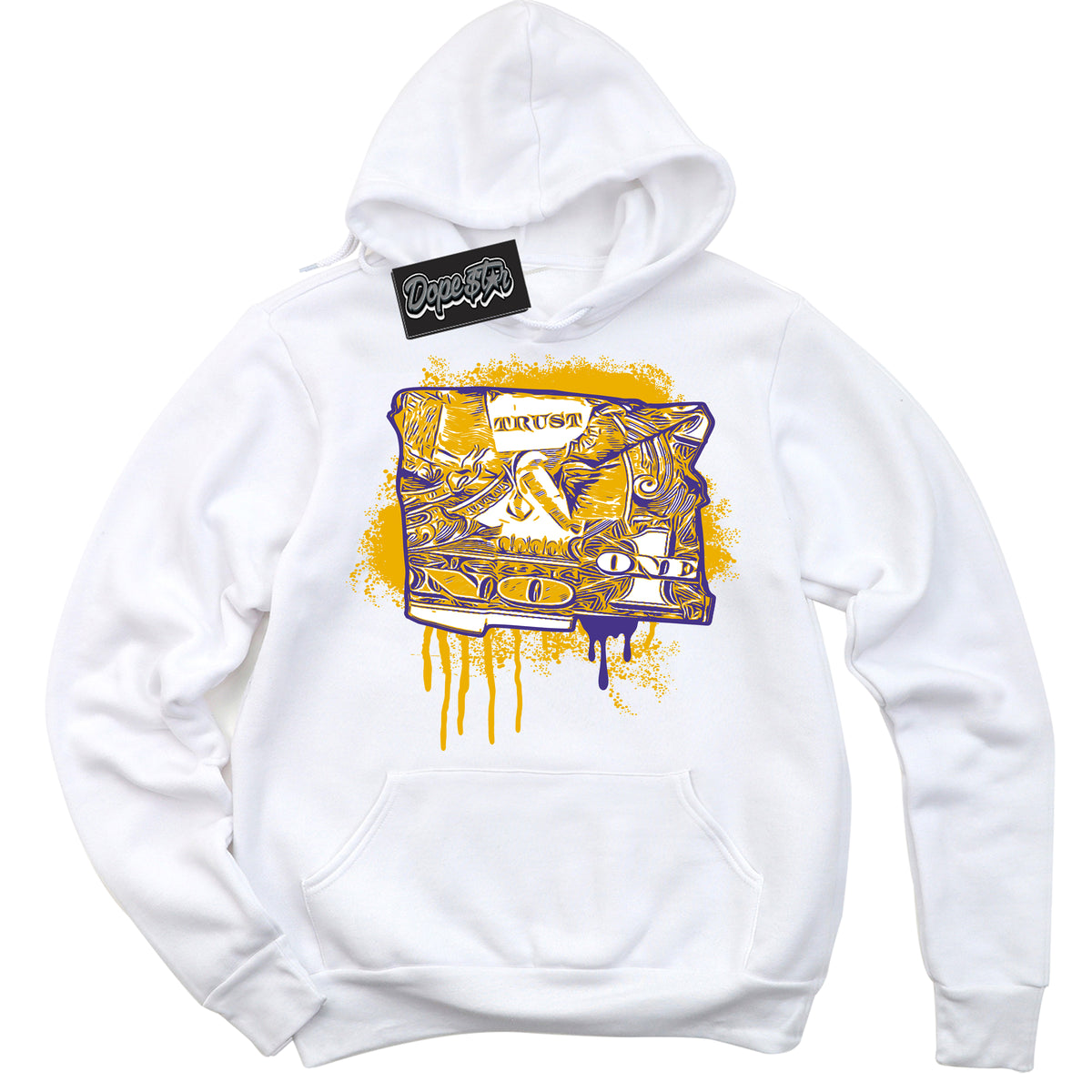 Cool White Hoodie with “Trust No One Dollar” design that Perfectly Matches Kobe 8 Protro Lakers Home Sneakers.