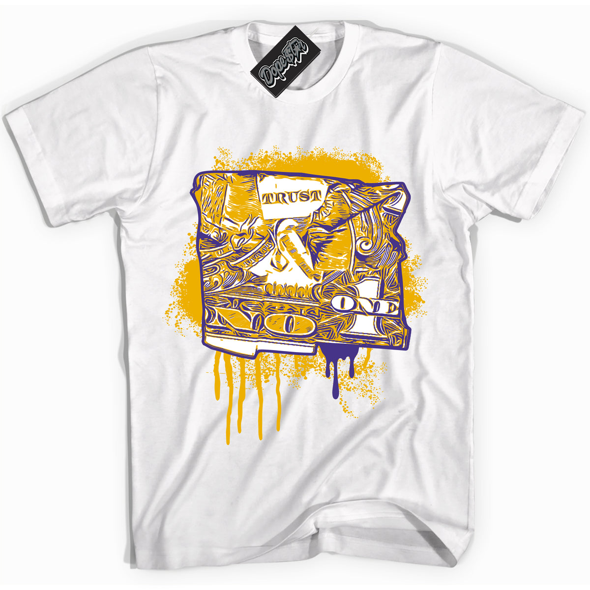 Cool White Shirt with “Trust No One Dollar” design that perfectly matches the Kobe 8 Protro Lakers Home Sneakers.