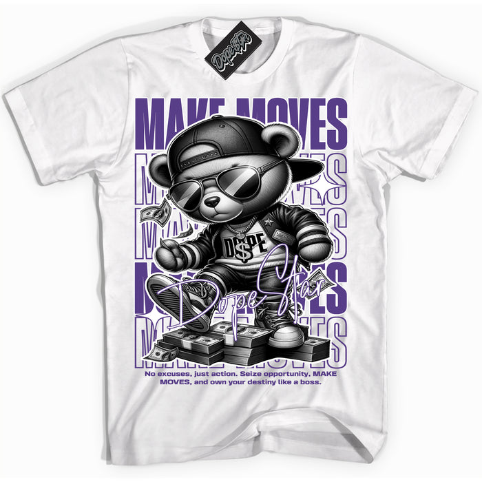 Cool White Shirt with “ Makin Moves” design that perfectly matches Protro Court Purple 8s Sneakers.