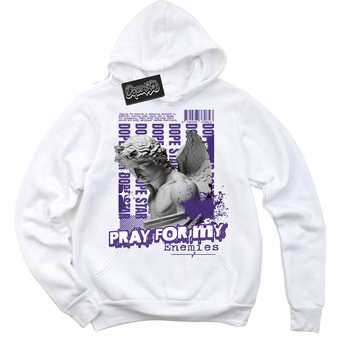 Cool White Hoodie with “ Pray Enemies ”  design that Perfectly Matches Protro Court Purple 8s Sneakers.