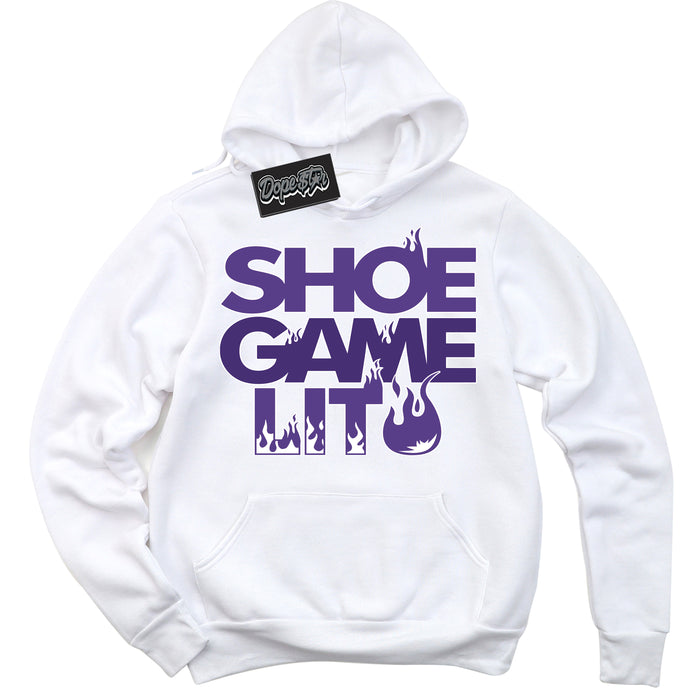 Cool White Hoodie with “ Shoe Game Lit '' design that Perfectly Matches  Protro Court Purple 8s Sneakers.