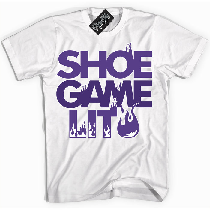 Cool White Shirt with “ Shoe Game Lit ” design that perfectly matches Protro Court Purple 8s Sneakers.