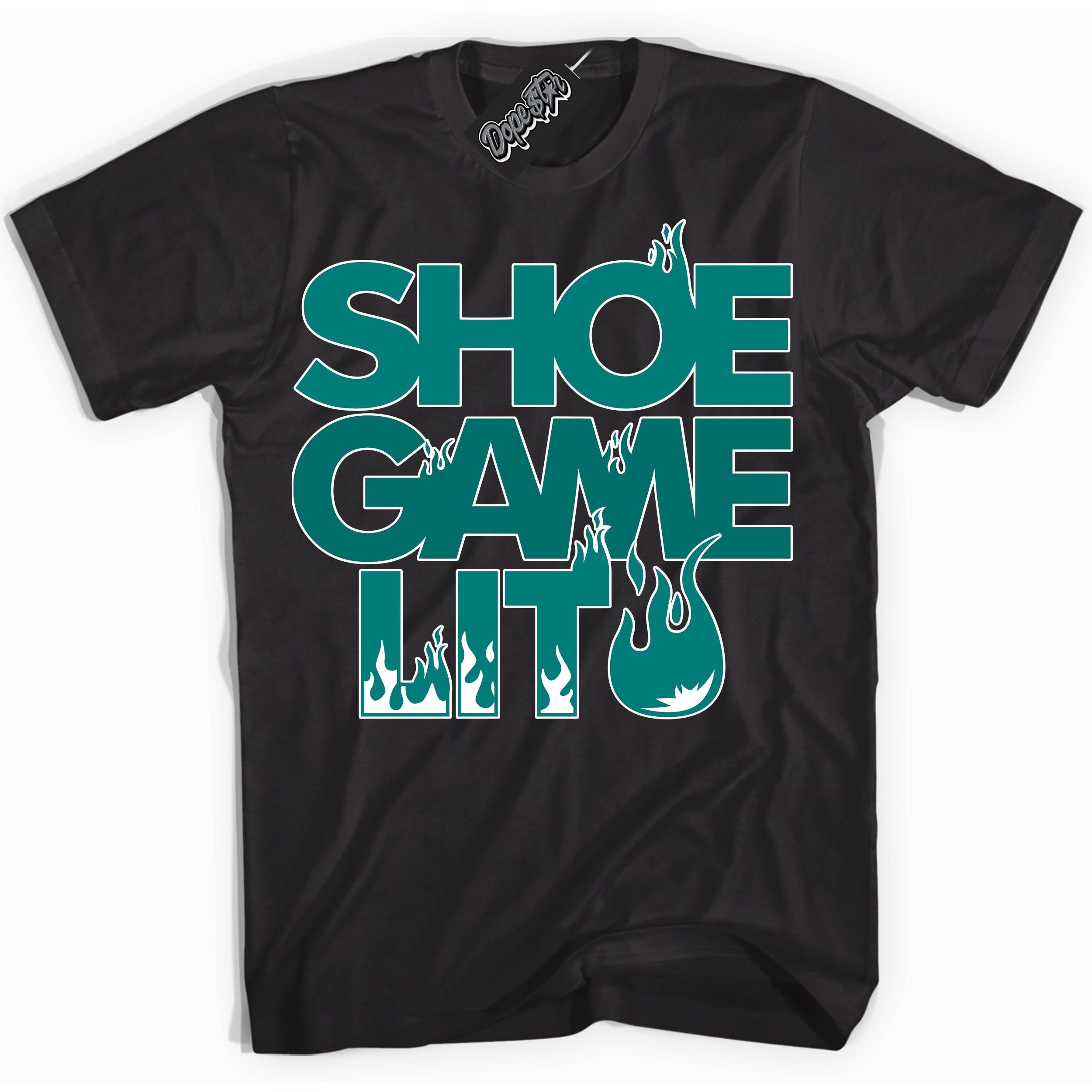 Cool Black Shirt with “ Shoe Game Lit ” design that perfectly matches Protro Radiant Emerald 8s Sneakers.
