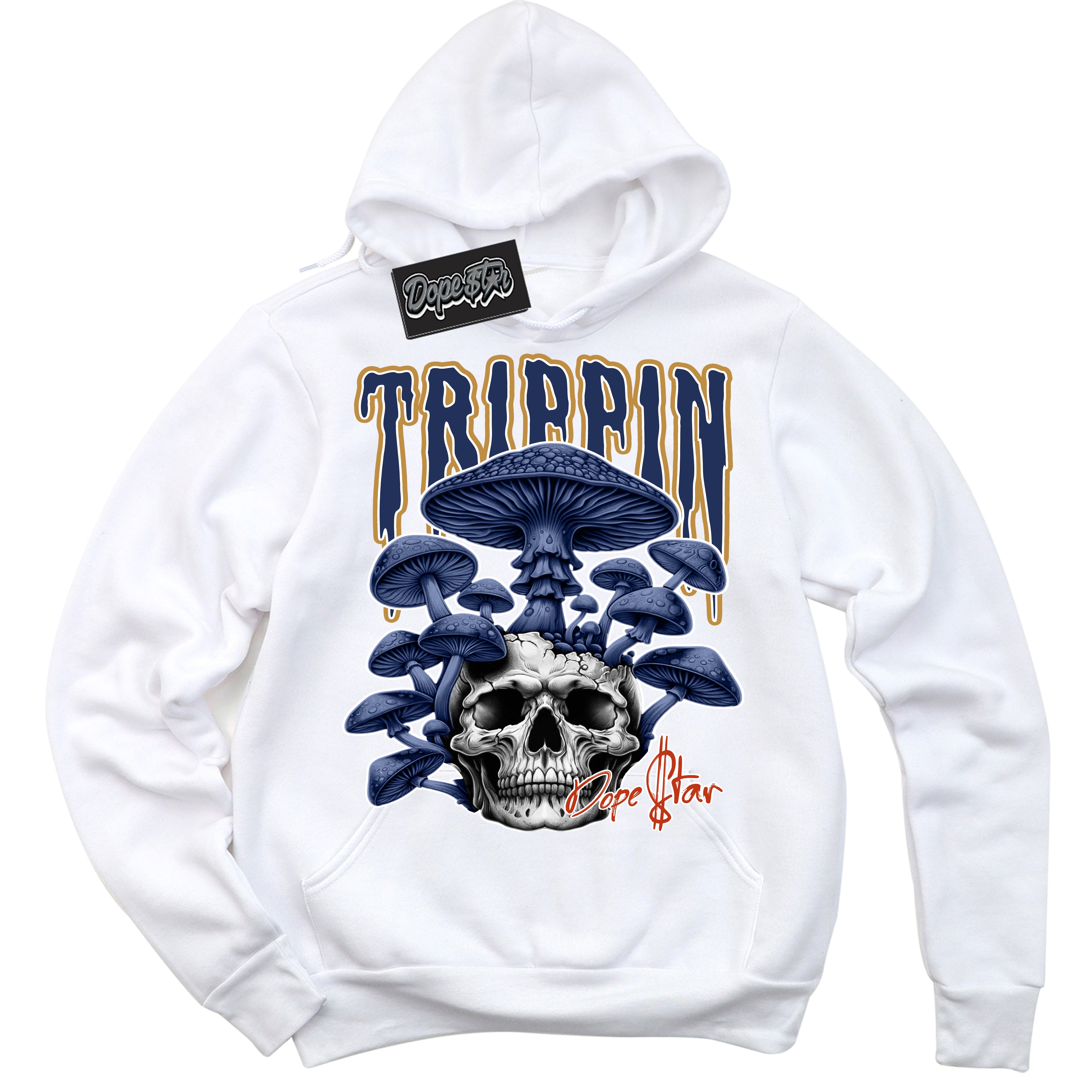 Cool White Hoodie with “Trippin” design that Perfectly Matches Orange Label Navy Gum Dunk Sneakers.
