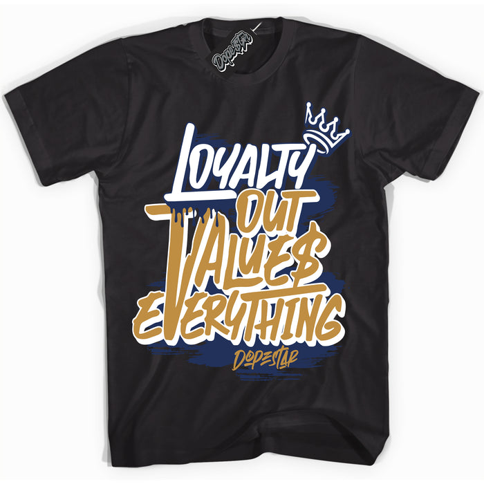 Cool Black Shirt with “ Loyalty Out Values Everything” design that perfectly matches Orange Label Navy Gum Sneakers.