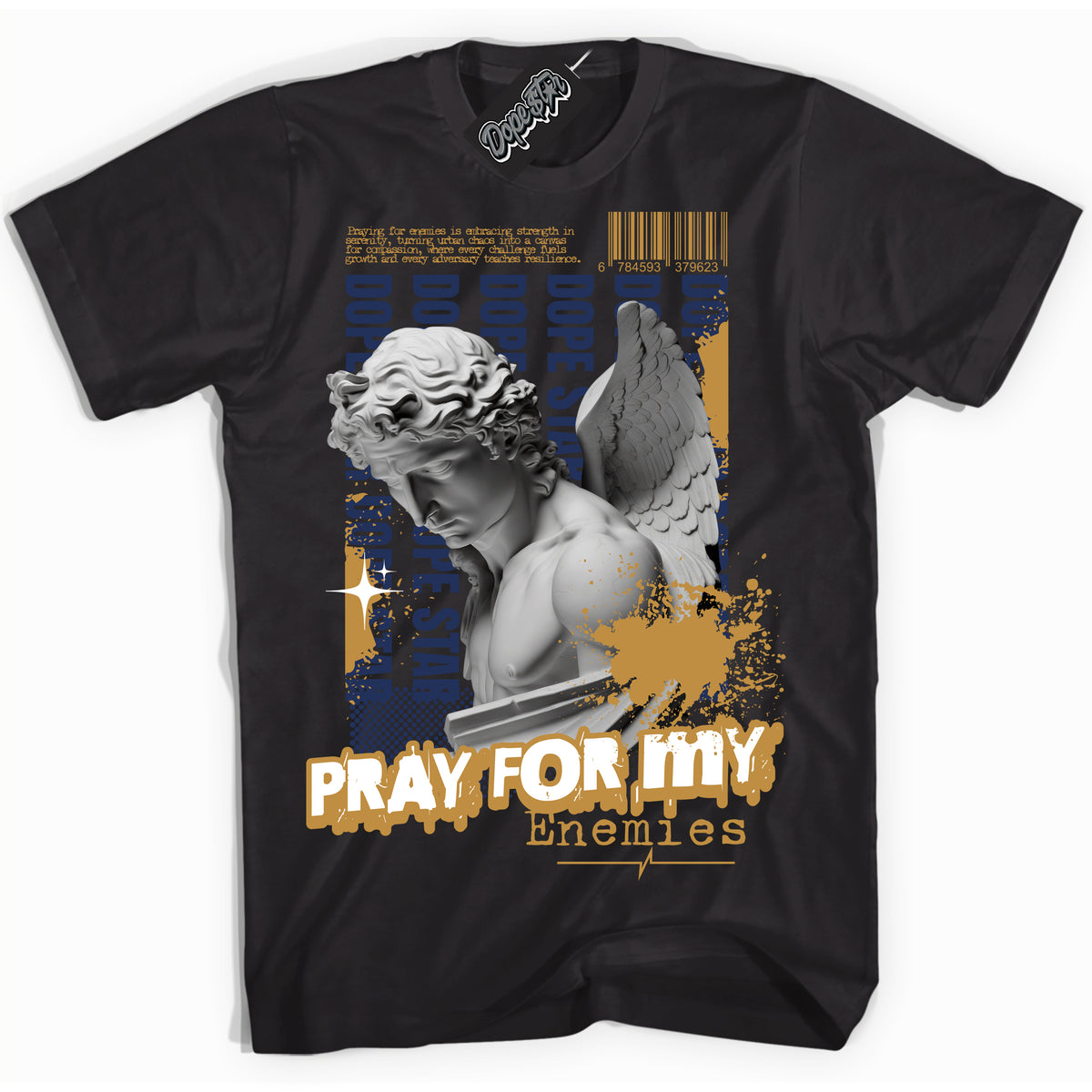 Cool Black Shirt with “ Pray Enemies” design that perfectly matches Orange Label Navy Gum Sneakers.