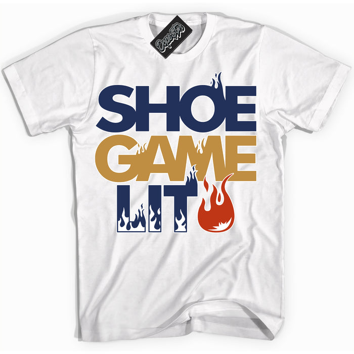 Cool White Shirt with “ Shoe Game Lit ” design that perfectly matches Orange Label Navy Gum Sneakers.