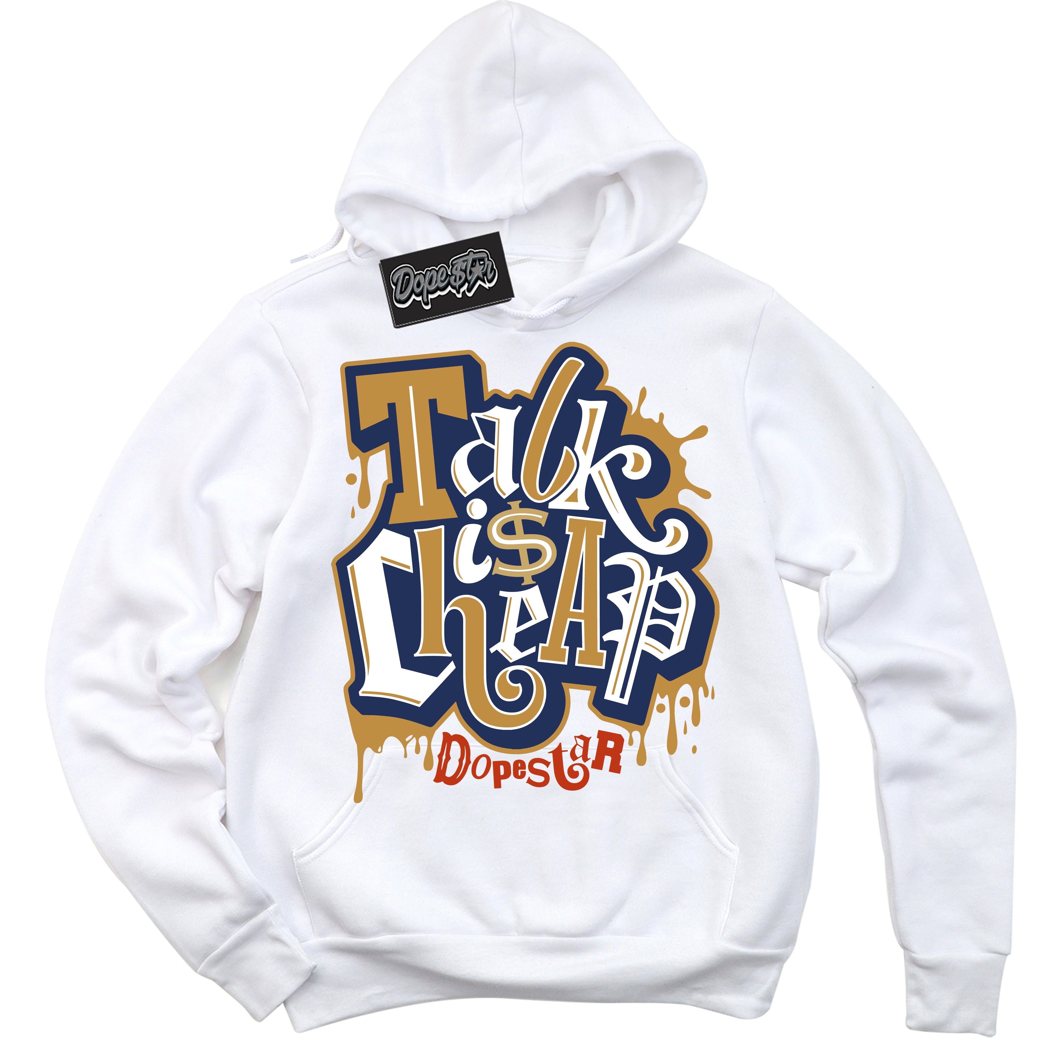 Cool White Hoodie with “ Talk Is Cheap ”  design that Perfectly Matches Orange Label Navy Gum Sneakers.