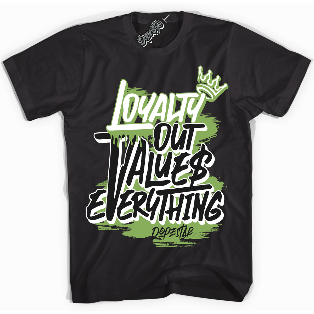 Cool Black Shirt with “ Loyalty Out Values Everything” design that perfectly matches Pro x Powerpuff Girls Buttercup Sneakers.