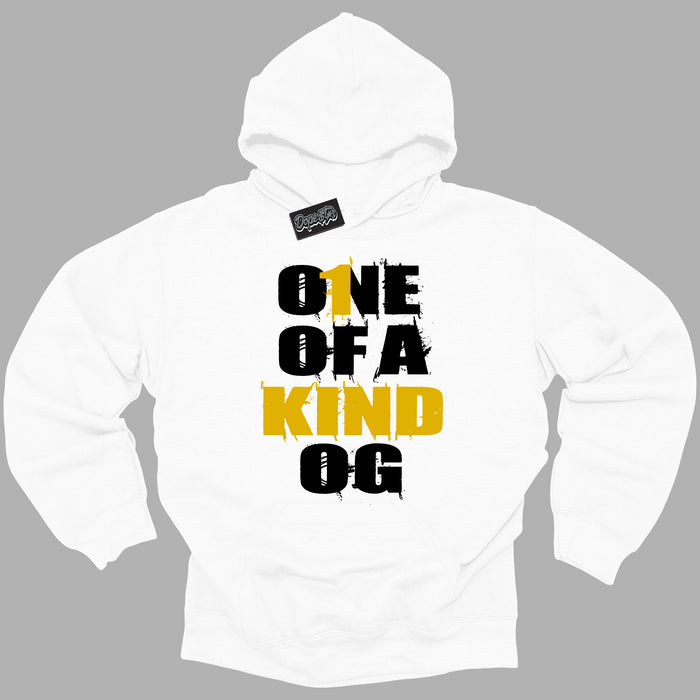 Cool White Hoodie with “One Of A Kind ”  design that Perfectly Matches Yellow Ochre 6s Sneakers.