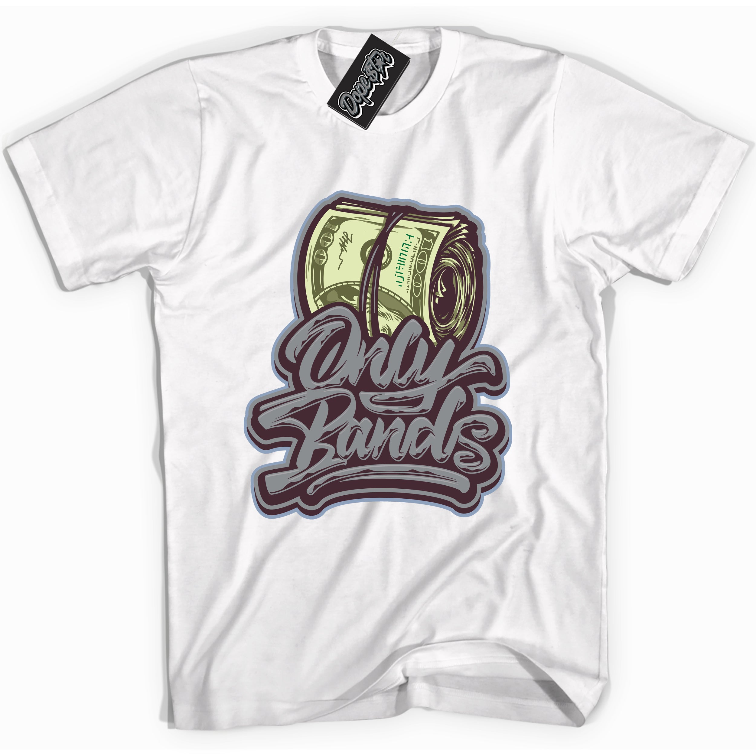 Cool White Shirt with “ Only Bands” design that perfectly matches Burgundy 5s Sneakers.