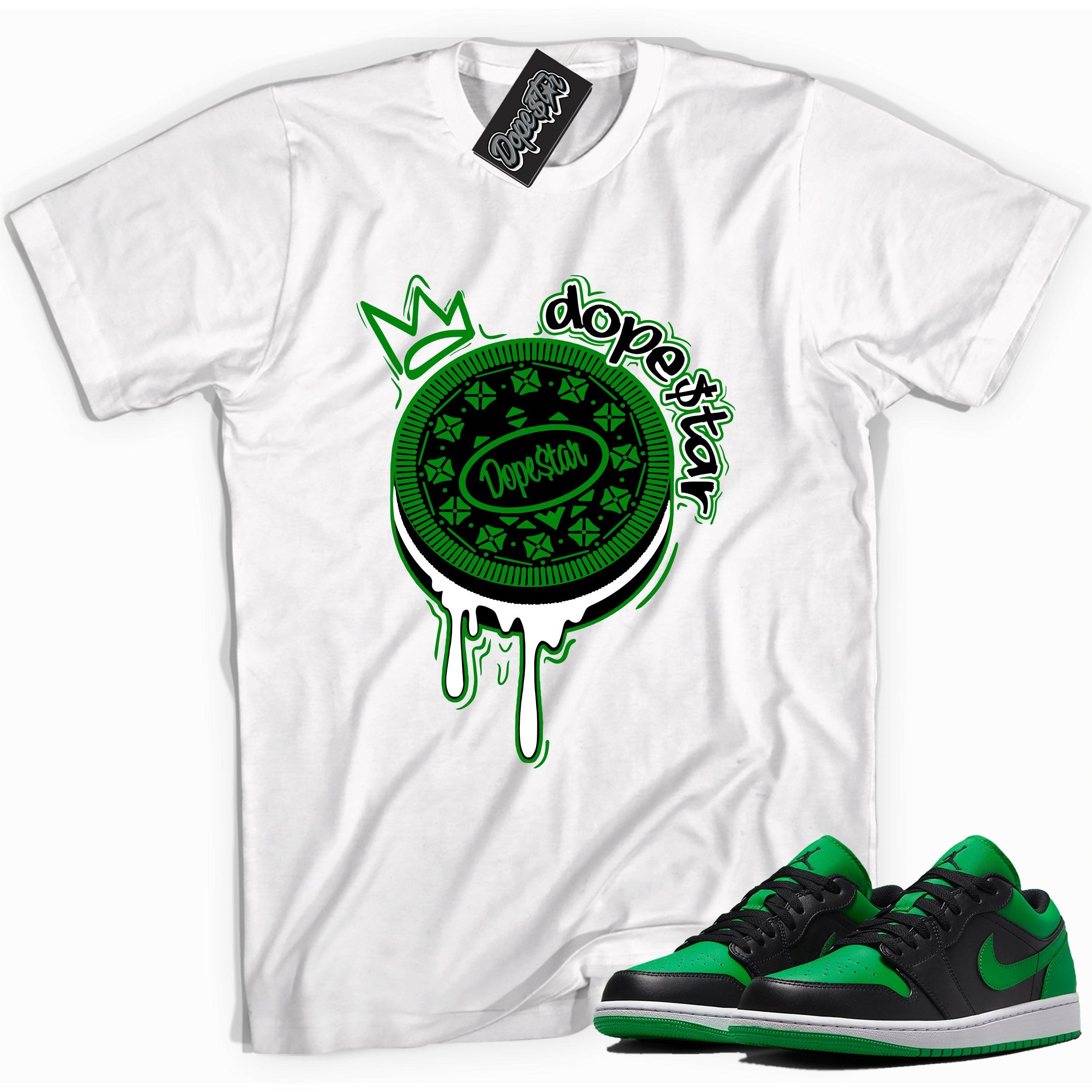 Cool white graphic tee with 'Dope $tar Oreo' print, that perfectly matches Air Jordan 1 Low Lucky Green sneakers