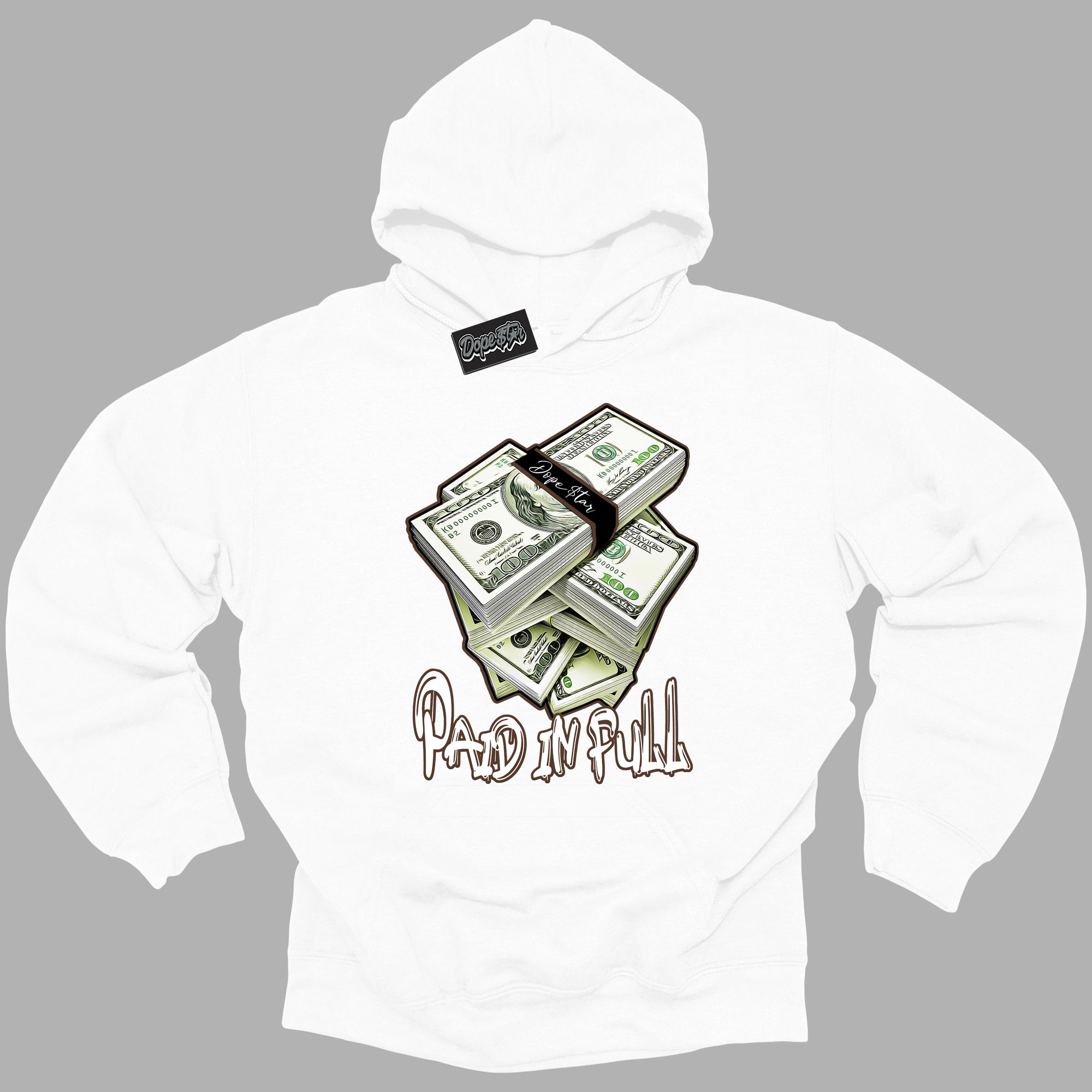 Cool White Graphic DopeStar Hoodie with “ Paid In Full “ print, that perfectly matches Palomino 1s sneakers