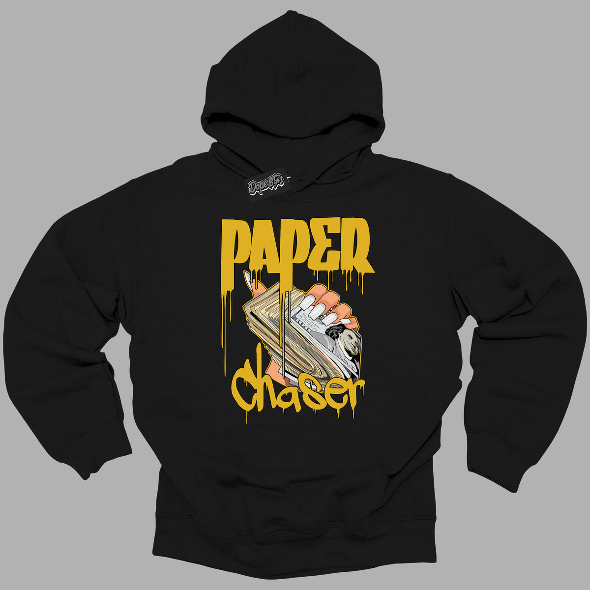 Cool Black Hoodie with “ Paper Chaser ”  design that Perfectly Matches Yellow Ochre 6s Sneakers.