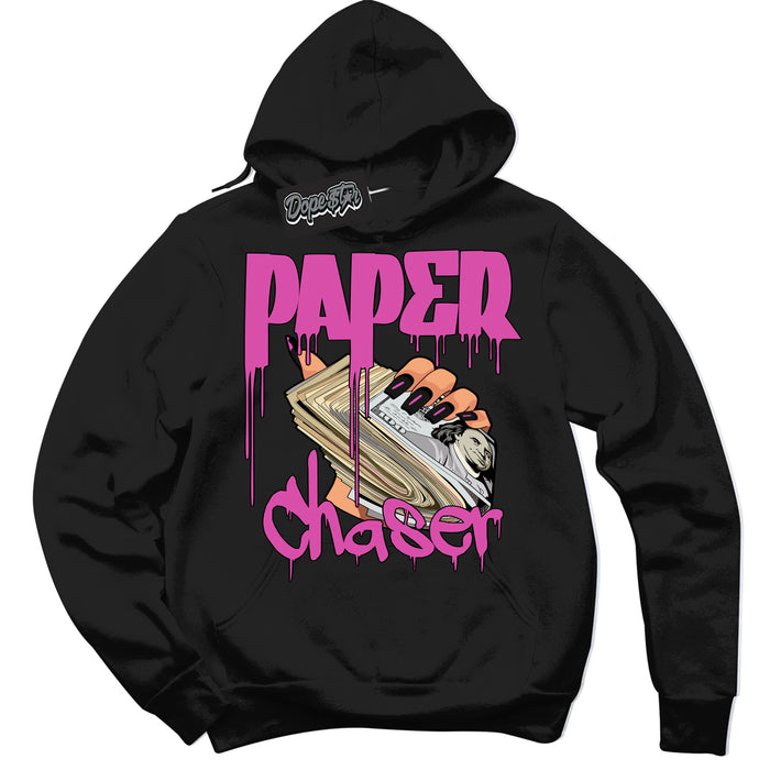 Black Hoodie with playful pink and black "Paper Chaser" graphic, made to match Air Max 1 Valentine's Day sneakers | Sneaker Shirts Outlet
