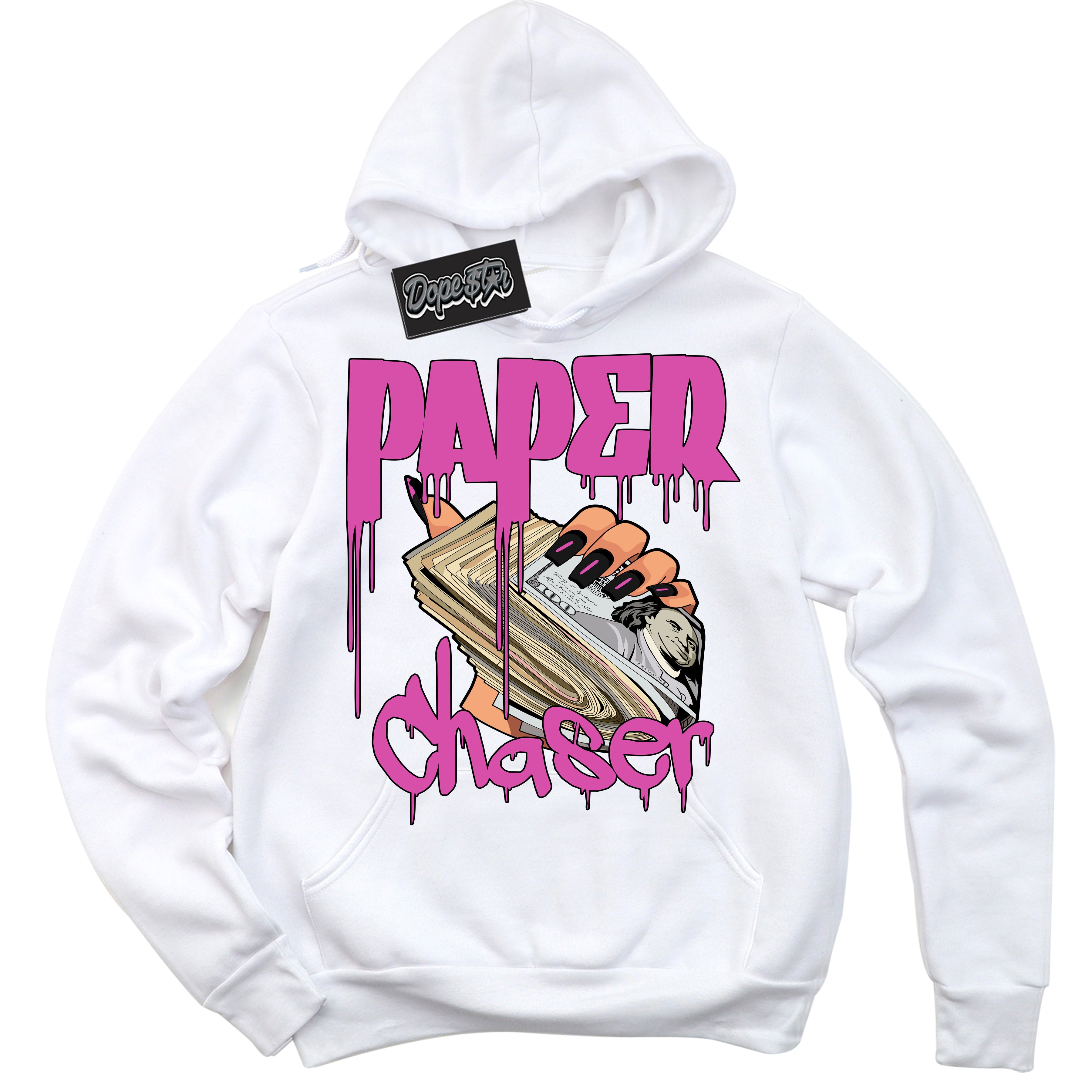 White Hoodie with playful pink and black "Paper Chaser" graphic, made to match Air Max 1 Valentine's Day sneakers | Sneaker Shirts Outlet