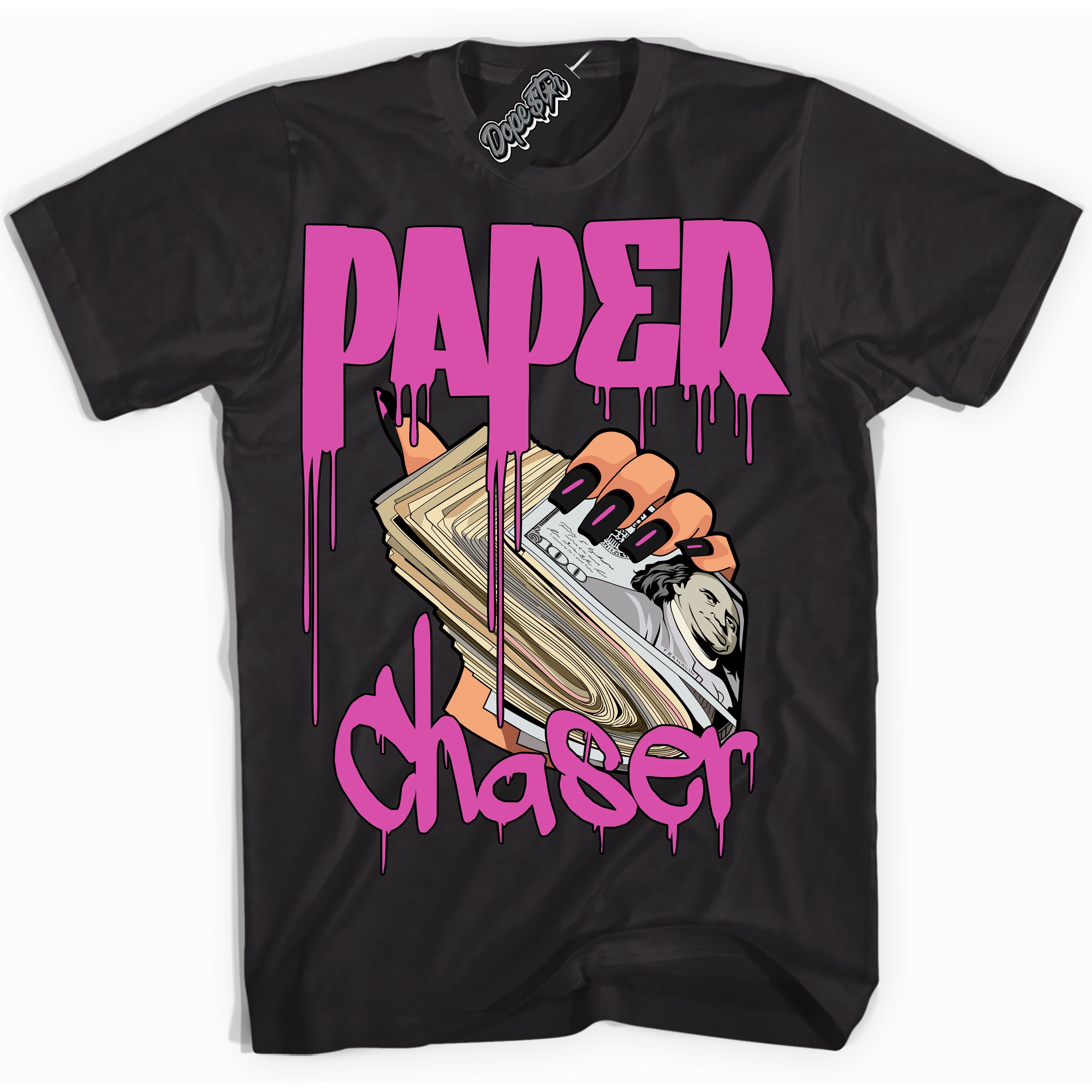 Black T-shirt with playful pink and black "Paper Chaser" graphic, made to match Air Max 1 Valentine's Day sneakers | Sneaker Shirts Outlet