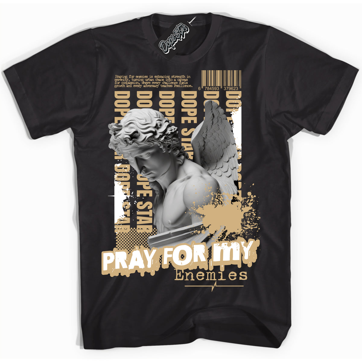Jordan MVP White Metallic Gold ‘Pray Enemies’ – Black Streetwear T-Shirt | Sneaker Matching shirt for Jordan MVP White Metallic Gold | Men's and Women's Streetwear Graphic Tee by Sneaker Shirts Outlet.
