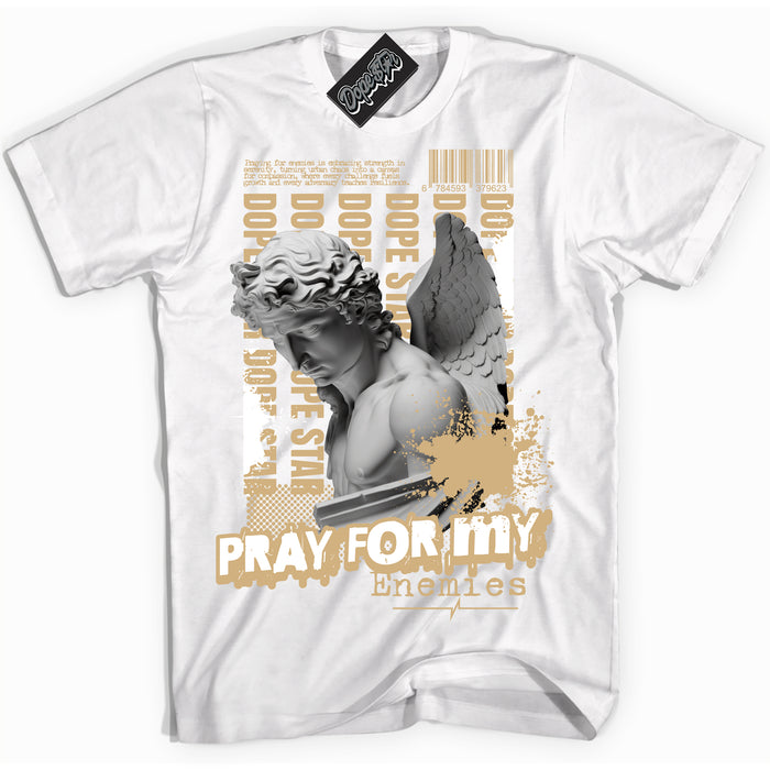 Jordan MVP White Metallic Gold ‘Pray Enemies’ – White Streetwear T-Shirt | Sneaker Matching shirt for Jordan MVP White Metallic Gold | Men's and Women's Streetwear Graphic Tee by Sneaker Shirts Outlet.
