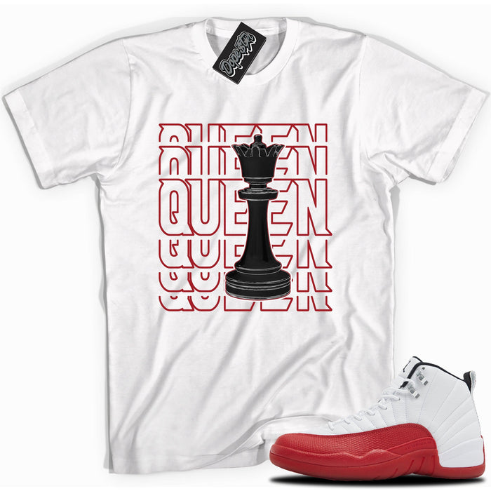 Cool White graphic tee with “QUEEN” print, that perfectly matches Air Jordan 12 Retro Cherry Red 2023 red and white sneakers