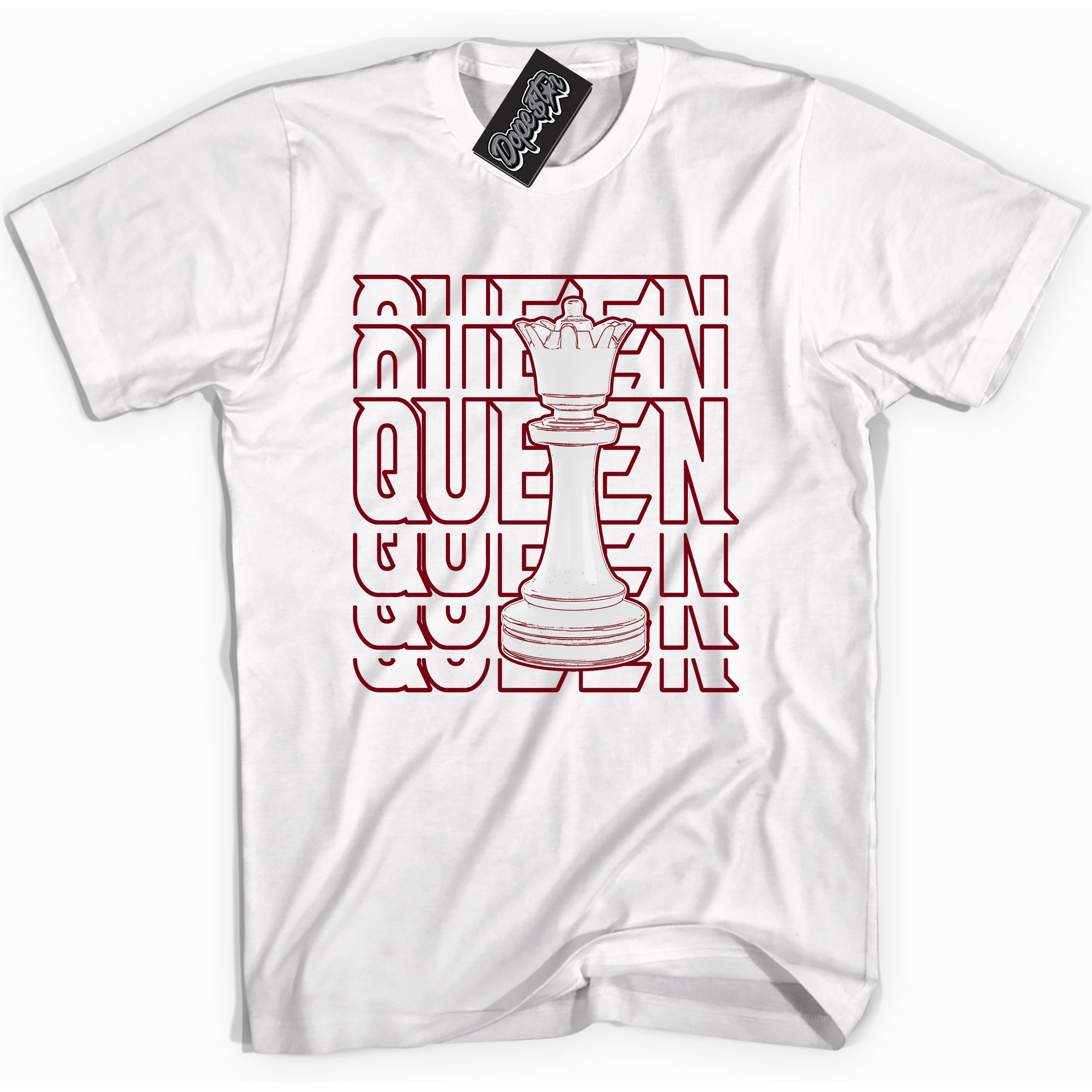 Cool White graphic tee with “ Queen Chess ” print, that perfectly matches OG Metallic Burgundy 1s sneakers 