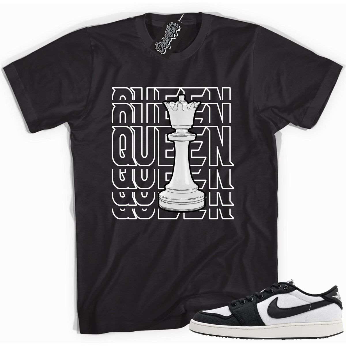 Cool black graphic tee with 'queen chess piece' print, that perfectly matches Air Jordan 1 Retro Ajko Low Black & White sneakers.