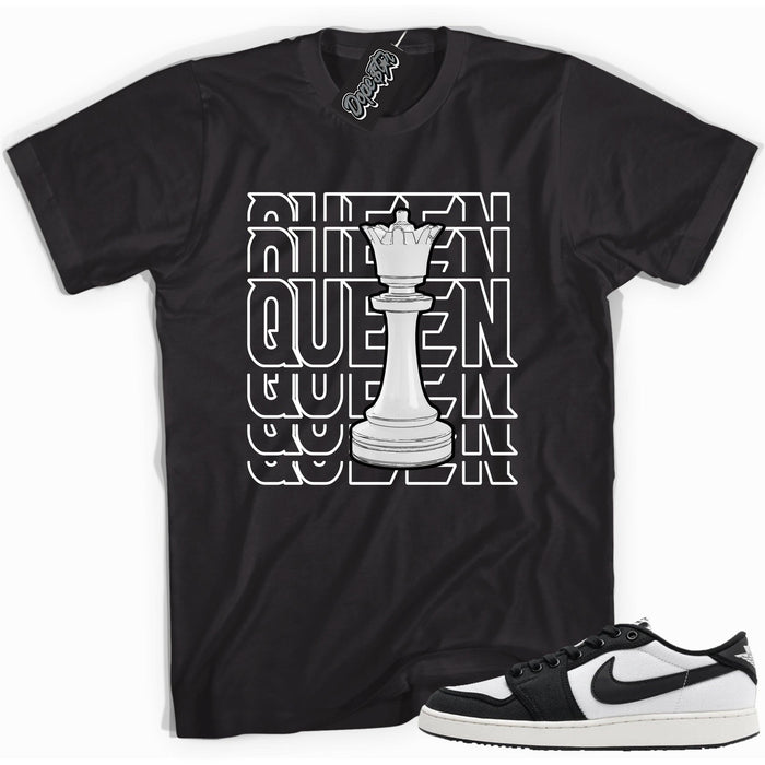 Cool black graphic tee with 'queen chess piece' print, that perfectly matches Air Jordan 1 Retro Ajko Low Black & White sneakers.