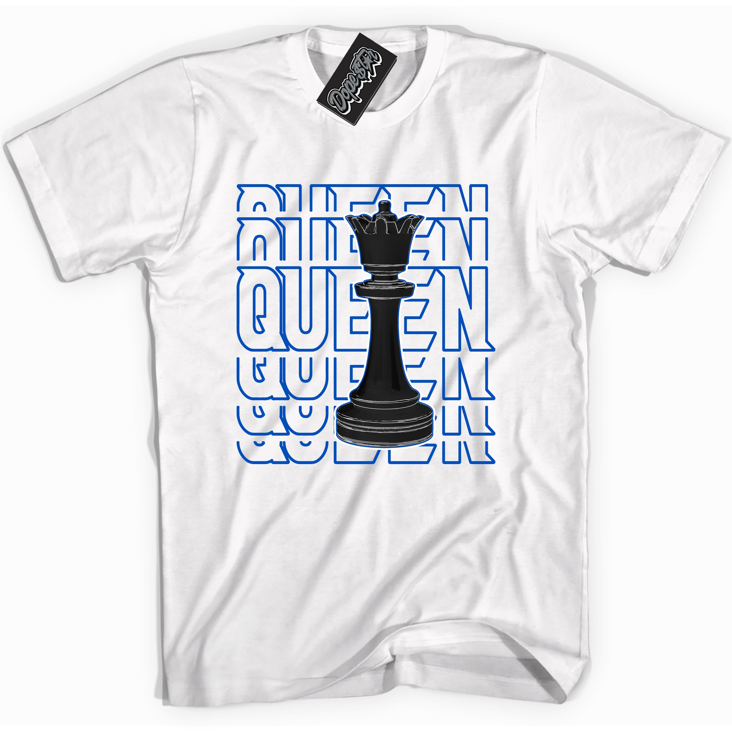 Cool White graphic tee with "Queen Chess" design, that perfectly matches Royal Reimagined 1s sneakers 