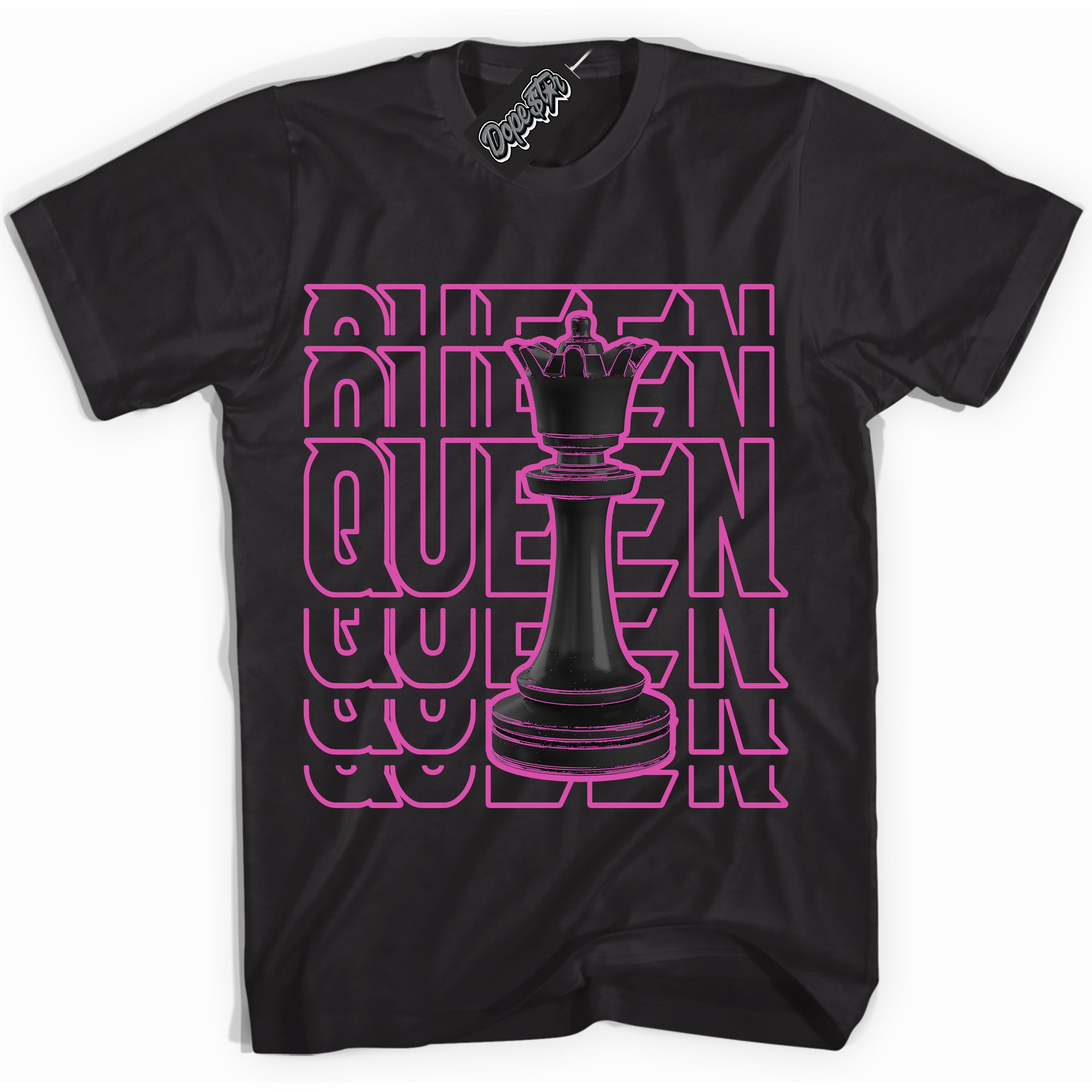 Black T-shirt with playful pink and black "Queen Chess" graphic, made to match Air Max 1 Valentine's Day sneakers | Sneaker Shirts Outlet